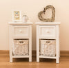 2 x Shabby Chic White Bedside Units Tables Drawers + Wicker Storage Basket
