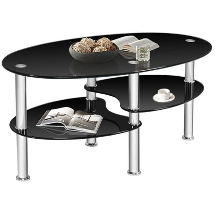 3-Tire Modern Oval Tea Table Smooth Glass Coffee Table Sofa End Side Table