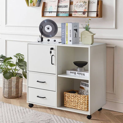 Rolling Office Filing Cabinet File Storage Sideboard Shelf Drawers Lock White