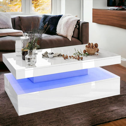 LED Coffee Table With Storage 2 Drawers Modern Living Room Furniture High Gloss