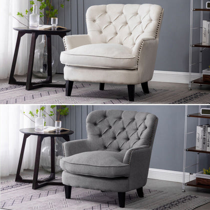 Queen Anne Armchair Deep Button Linen/Velvet Single Sofa Reception Padded Chairs
