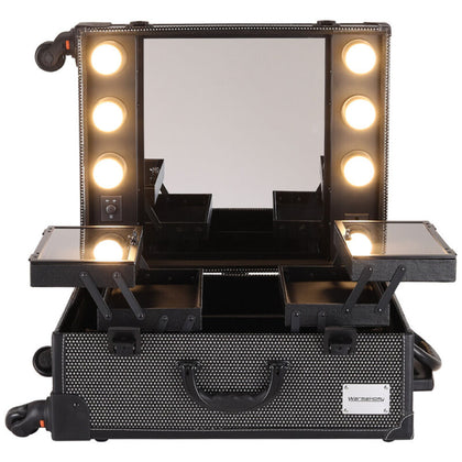 Rolling Studio Makeup Cosmetic Case w/ LED Light Bulb Mirror Train Table Artist