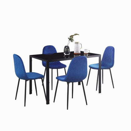 4x Blue Velvet Dining Chairs Metal Legs & Black Tempered Glass Dining Table Set