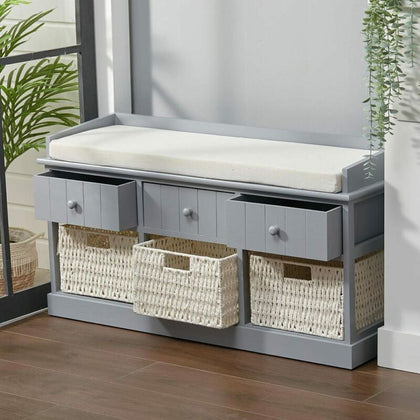 Grey Wooden Storage Bench With Drawers & Baskets Hallway Seater Stool Cushion UK