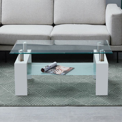 Glass Coffee Table 2 Tier With Shelf Rectangle MDF Legs Livingroom Modern White