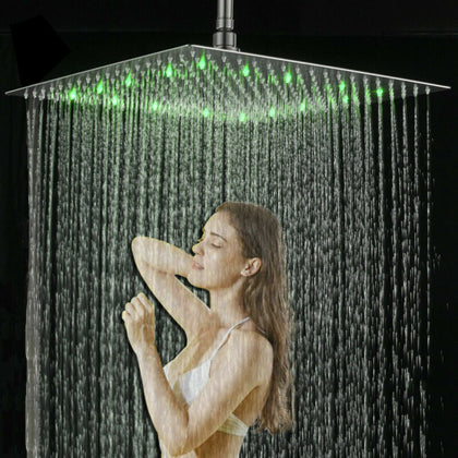 LED Ultra-thin Shower Head 30x30 cm Stainless Steel Rainfall Overhead Bathroom
