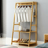 Hallway Bedroom Bamboo Clothes Rail 3 Tiers 2 Side Hooks Bags Coat Stand Hanger