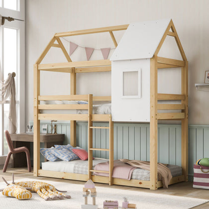 3FT Double Kids Bunk Beds Wooden Frame Kids High Sleeper Pine Wood House Canopy