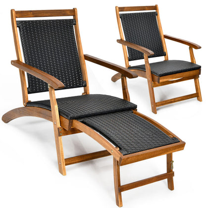 Folding Sun Lounger Acacia Wood Rattan Deck Reclining Chair Retractable Footrest