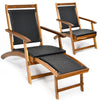 Folding Sun Lounger Acacia Wood Rattan Deck Reclining Chair Retractable Footrest