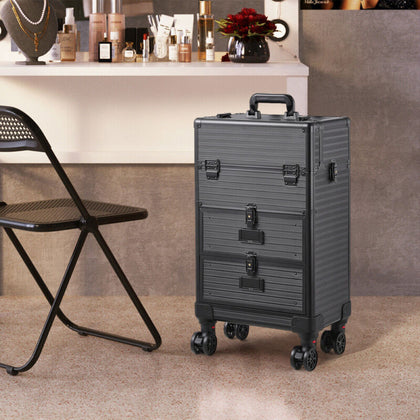 Large Makeup Trolley Case Mobile Beauty Vanity Hairdressing Case W/ Drawer Black