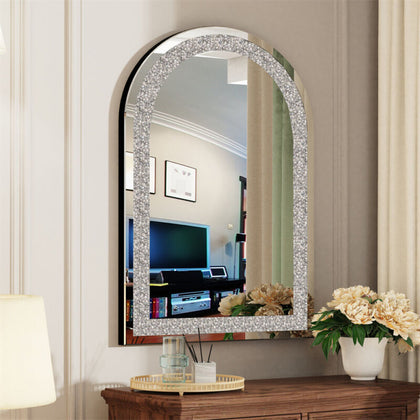 Large Arch Crushed Diamond Jewel Framed Silver Bordered Wall Mount Mirror Accent