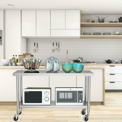 Stainless Steel Commercial Catering Table Work Bench Kitchen OverShelf ON Wheels