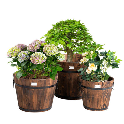 3PCS Wooden Planter Barrel Set Garden Patio Nesting Burnt Wood Bucket Planters