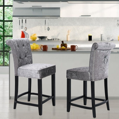 1/2 Grey Bar Stool Wooden Legs Velvet Padded Barstool Breakfast Kitchen Pub Seat