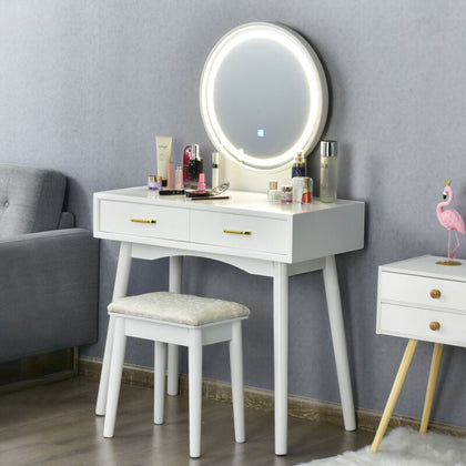 Dressing Makeup Table Set Vanity Desk Set w/Stool 2 Drawer LED Mirror Bedroom