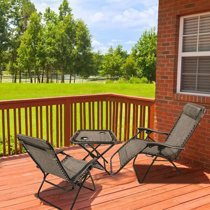 Outdoor Garden Patio Table&2 Lounger Chairs Set Recliner Zero Gravity Cup Holder