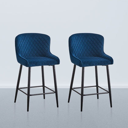 2pcs Blue Velvet Bar Stools Diamond Seat Metal Legs Kitchen Pub Chairs Stools