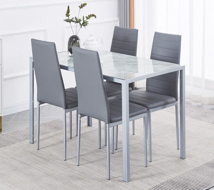 4x Grey Faux Leather Dining Chairs & Grey Marble Tempered Glass Dining Table Set