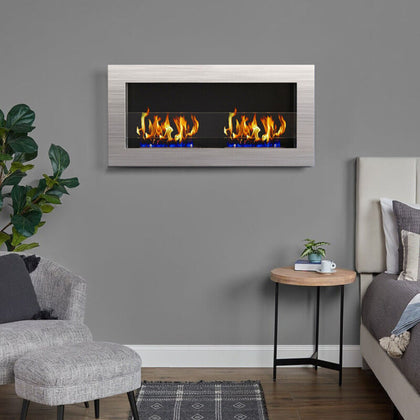 Wall Mounted Recessed Bio Ethanol Fire Fireplace 900 x 400mm in Stainless Steel