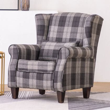 Upholstered Tartan High Back Armchair Wingback Accent Chair Sofa Fabric Lounge