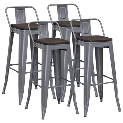 Set of 4 Bar Stools Metal 76cm Gunmetal Kitchen Breakfast Chair w/Wooden Seat