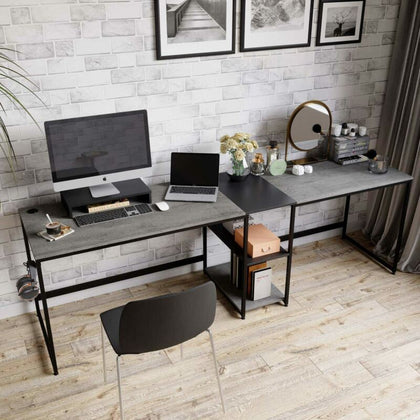 Revisible L Shaped Desk w/ Storage Shelves, 2 Person Workstation Table