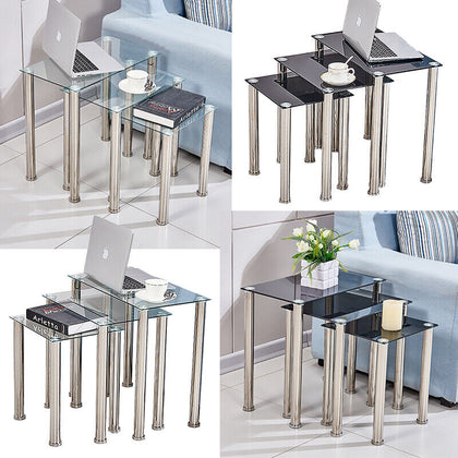 Square Nest of 3 Tables Glass Nested Side End Tables Set Black Clear Modern Home