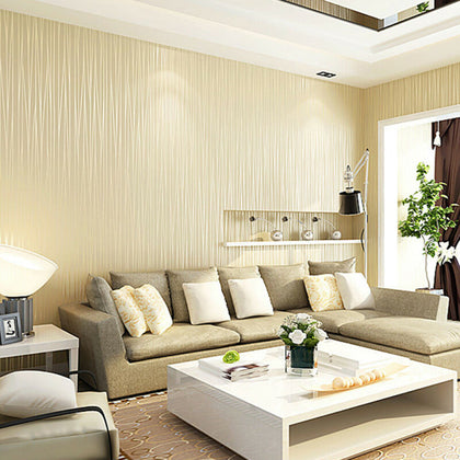 Beige Glitter Textured Wallpaper Non Woven Flocking Vertical Stripes Wallpaper