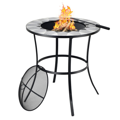 Outdoor Fire Pit Dining Table Round Wood Burning Fire Bowl with Mesh Screen Lid