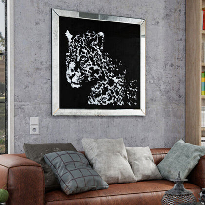 Classic Crushed Diamond Leopard Wall Art Hanging Decor Silver Frame Living Room