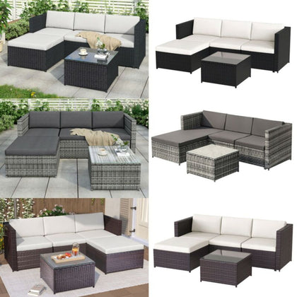L-shaped Corner Sofa Glass Table Stool Rattan Garden Furniture Patio Lounge Set