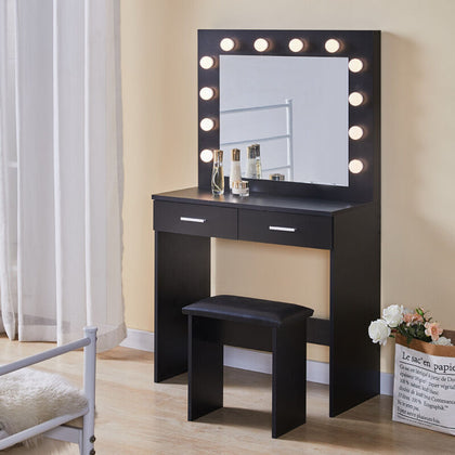 Black LED Dressing Table Set Makeup Desk Dresser Large Mirror Stool 2 Drawers