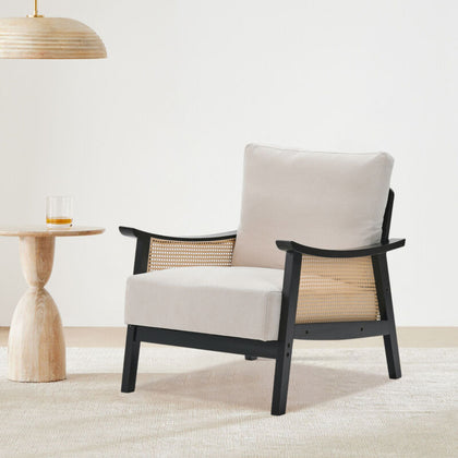 Wooden Frame Armchair Mid Century Style Accent Chair Leisure Sofa Rattan Armrest