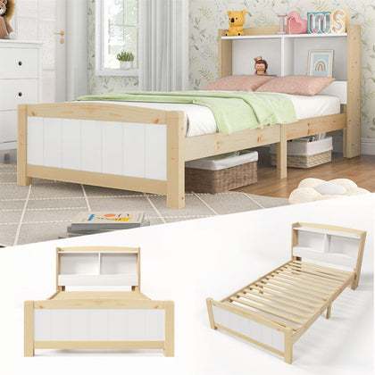 Kids Bed 3FT Single Size Bed Solid Pine Wooden Bed Frame w/Storage Headboard QF