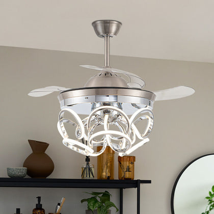 Modern Ceiling Fan Light Retractable Blade Dimmable LED Light Remote Control