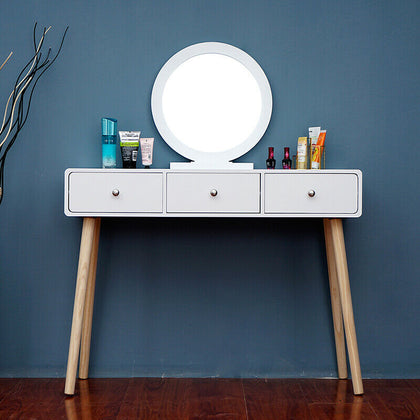Modern Dressing Table Makeup Desk w/Drawer Round Mirror Stool White Bedroom BN