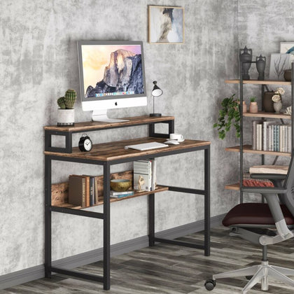 Simple Computer Desk with Bookshelf & Monitor Stand Riser Rustic Brown PC Table