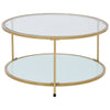 Round Glass Coffee Table with Golden Metal Legs & Shelf - Living Room Furniture