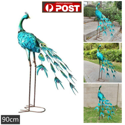 Colourful Peacock Metal Birds Garden Ornament Sculpture Friendly Features Decor