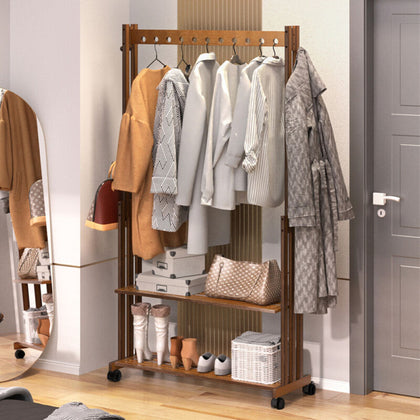 Heavy Duty Vintage Wood Clothes Rail Rolling Hanging Garment Rack Storage Shelf