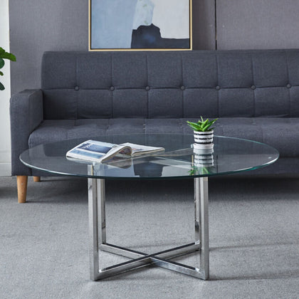 Coffee Table Living Room Accent Table 100cm Round Glass Top &Stainless Steel Leg