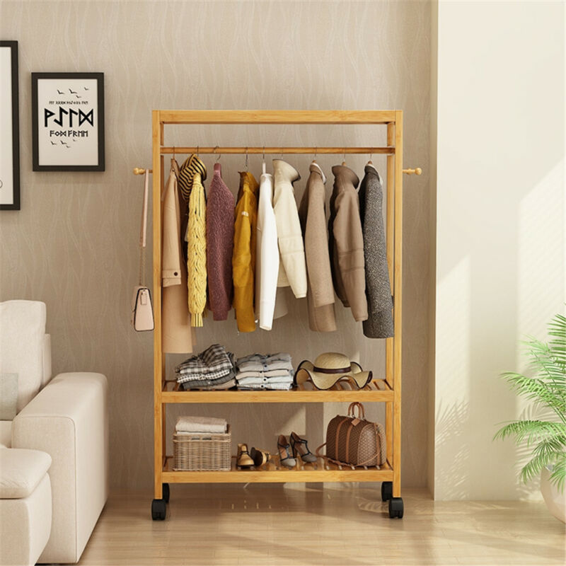 Strong Clothes Ril Strong Wooden Clothes Rail Scarf Cart Hanging Garment Coat Rack Rollin ...
