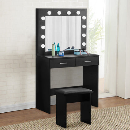 Fashion Black Dressing Table Makeup Desk w/ LED Light Bulbs Mirror Stool Bedroom