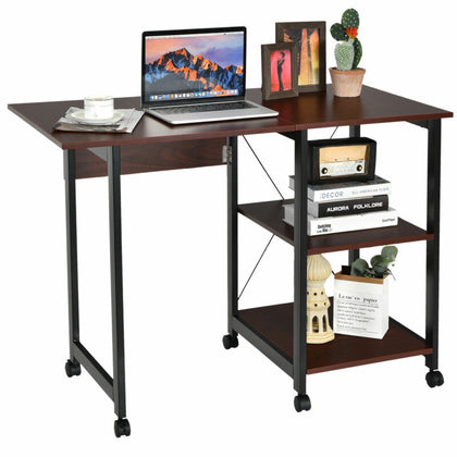 Folding Computer Desk Home Office Mobile Writing Table Workstation W/ 2 Shelves