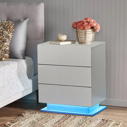 White High Gloss Bedside Table Cabinets LED Light Chest of 3 Drawers Nightstand