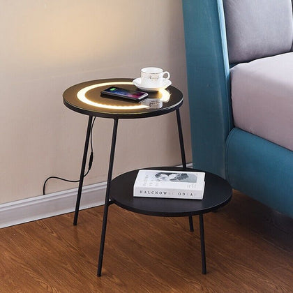 Black Glass Side End table Beside Table Round With LED Wireless Charging