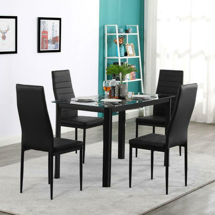 DiningTable and 4 PU Chairs Set Kitchen 8mm Tempered Glass & Steel Tube New