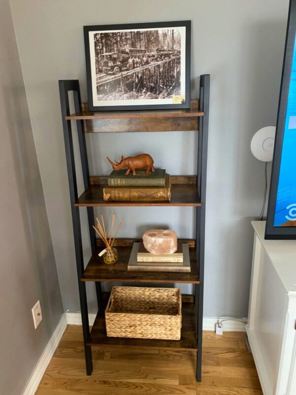 Industrial Ladder Bookcase 4 Tier Rustic Shelving Unit Metal Plant Sto