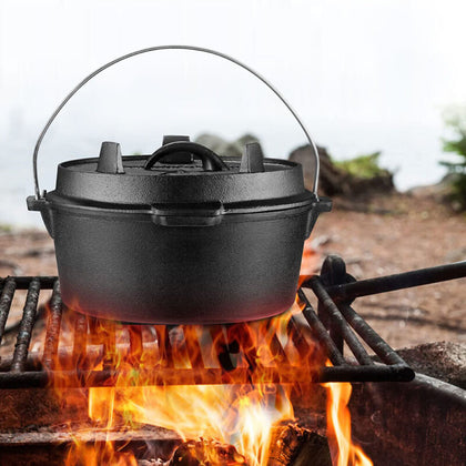 Pre-Seasoned Cast Iron Dutch Oven Stew Pot Camping Fire Cooking Pot w/Lid Lifter